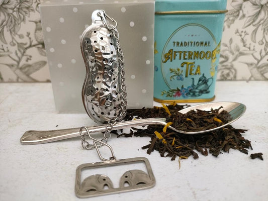 Peanut Shaped Tea Infuser with Elephant Charm, loose Tea Infuser, Mesh Tea Strainer, herb infuser, Animal Themed Tea Gifts