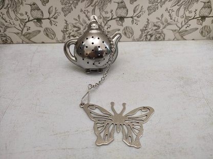 Teapot Shaped Tea Infuser with Butterfly Charm, loose Tea Infuser, Mesh Tea Strainer, herb infuser, Animal Themed Tea Gifts