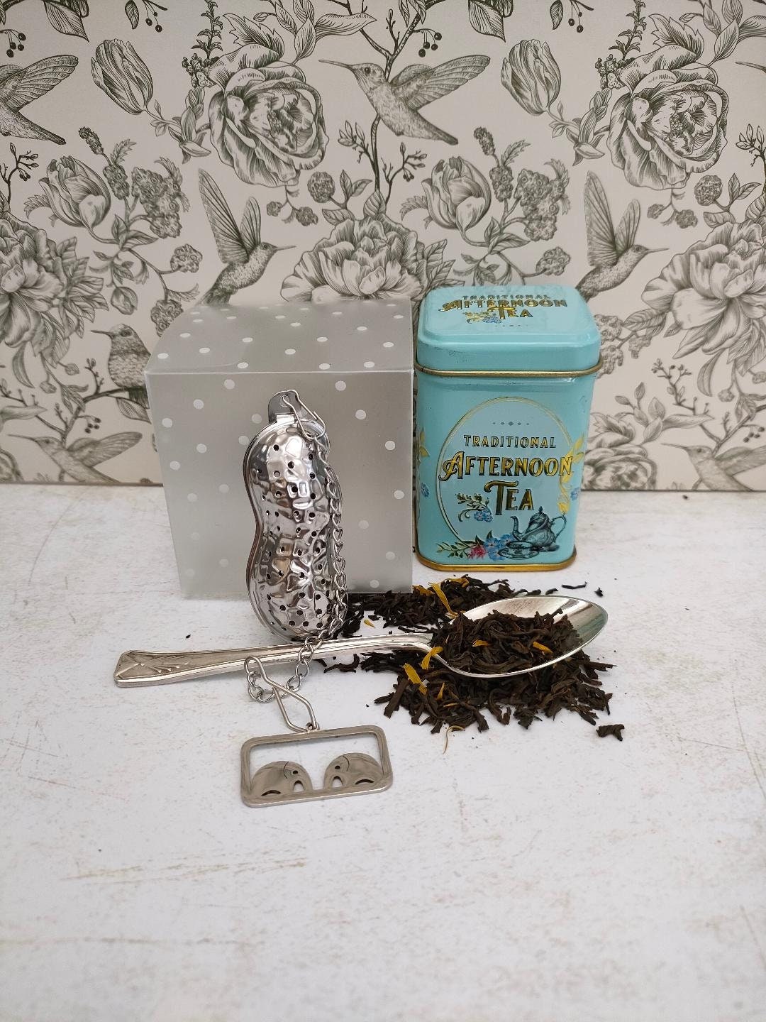 Peanut Shaped Tea Infuser with Elephant Charm, loose Tea Infuser, Mesh Tea Strainer, herb infuser, Animal Themed Tea Gifts