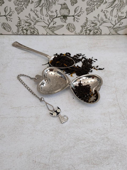 Heart Shaped Tea Infuser with Cute Cat Charm, loose Tea Infuser, Mesh Tea Strainer, herb infuser, Animal Themed Tea Gifts