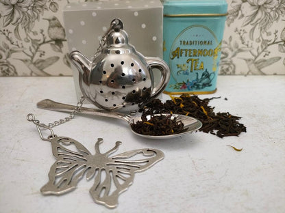 Teapot Shaped Tea Infuser with Butterfly Charm, loose Tea Infuser, Mesh Tea Strainer, herb infuser, Animal Themed Tea Gifts