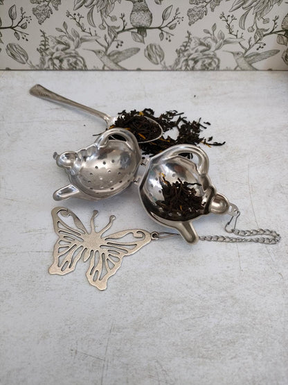 Teapot Shaped Tea Infuser with Butterfly Charm, loose Tea Infuser, Mesh Tea Strainer, herb infuser, Animal Themed Tea Gifts