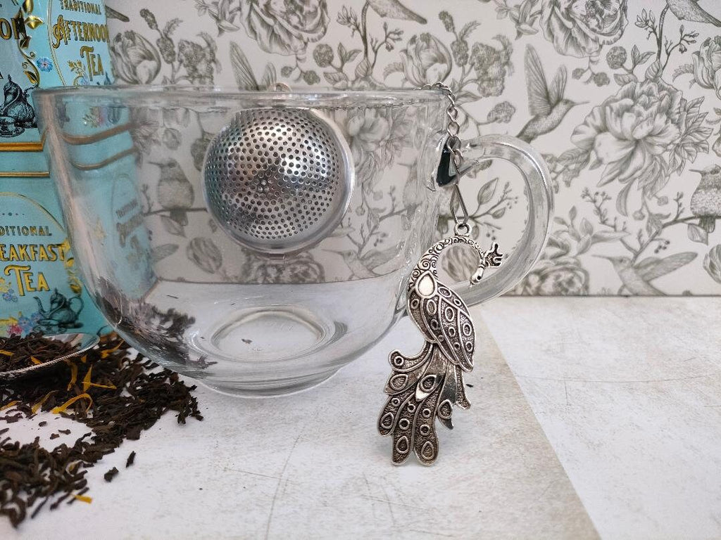 Ball Mesh Tea Infuser with Peacock Charm, loose Tea Infuser, Mesh Tea Strainer, herb infuser, Animal Themed Tea Gifts