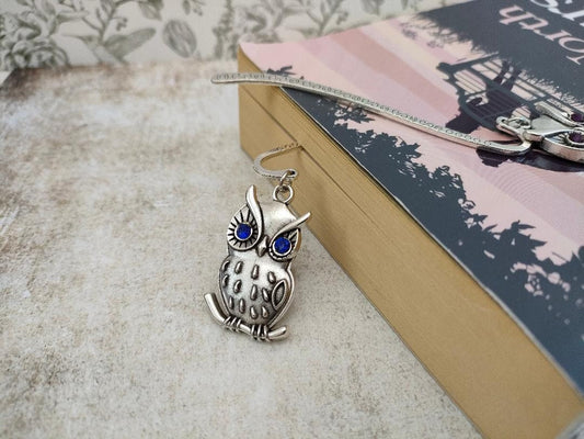 Tibetan Style Alloy Bird Bookmarks, Blue Saphire Rhinestone Owl Page Markers, Owl Gifts