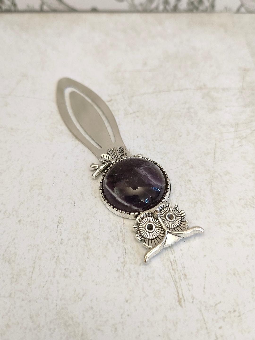Vintage Owl Antique Silver Tibetan Style Alloy Bookmarks, Natural Amethyst Bookmarker, Gift for Book Lovers, Reading Accessories and Gfits