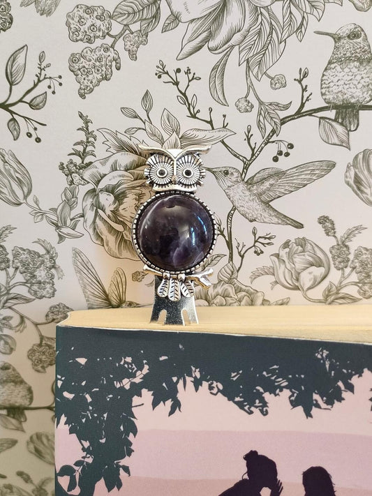 Vintage Owl Antique Silver Tibetan Style Alloy Bookmarks, Natural Amethyst Bookmarker, Gift for Book Lovers, Reading Accessories and Gfits