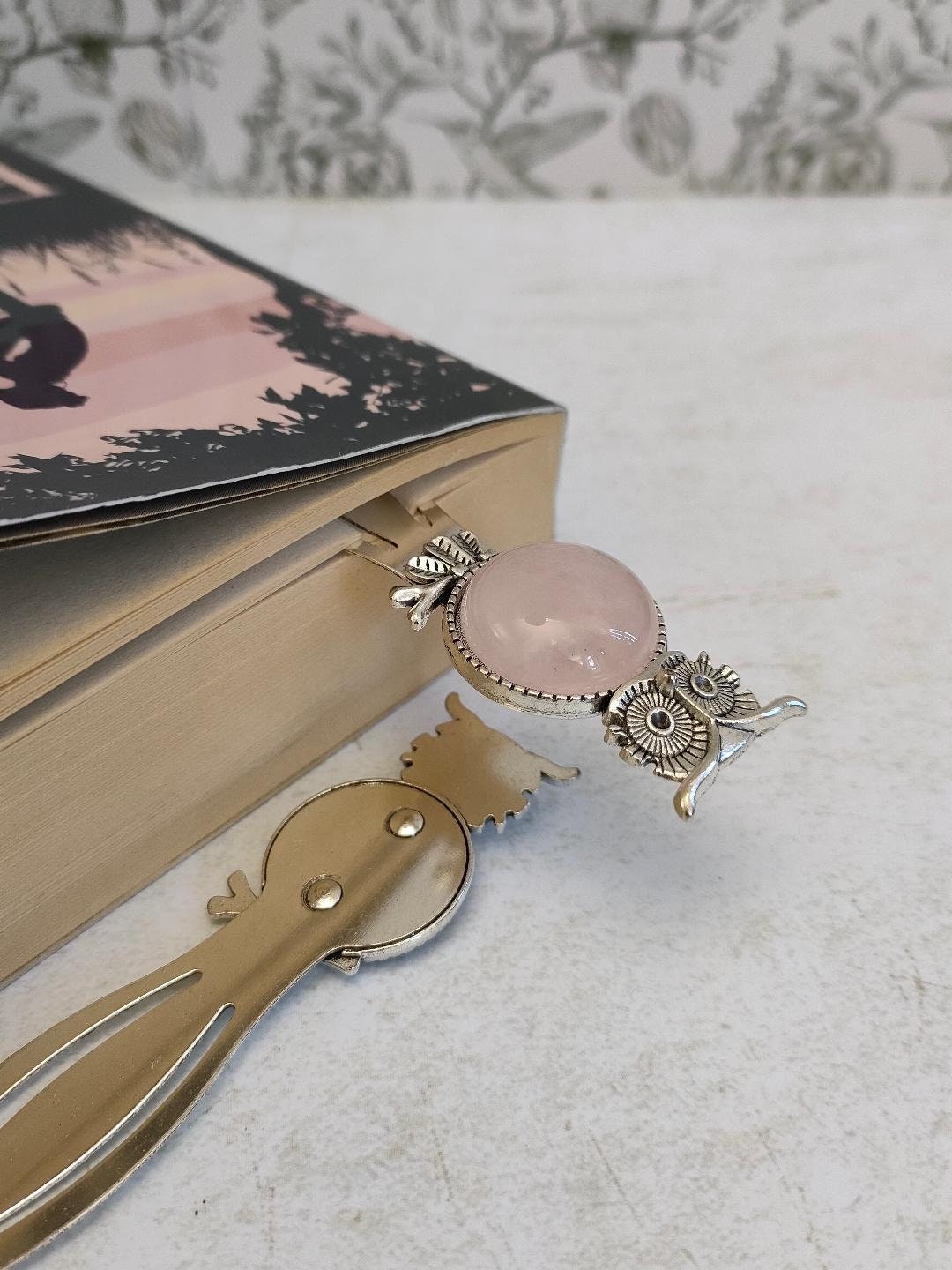 Vintage Owl Antique Silver Tibetan Style Alloy Bookmarks, Natural Rose Quartz Bookmarker, Gift for Book Lovers, Reading Accessories