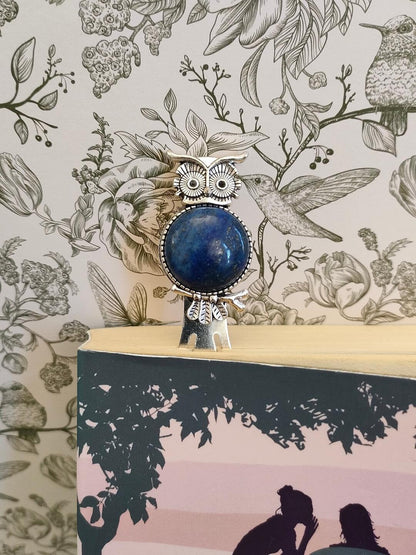 Vintage Owl Antique Silver Tibetan Style Alloy Bookmarks, Natural Lapis Lazuli Bookmarker, Gift for Book Lovers, Reading Accessories