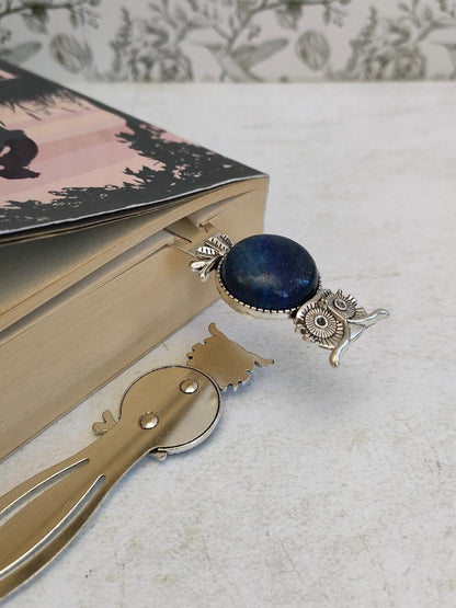 Vintage Owl Antique Silver Tibetan Style Alloy Bookmarks, Natural Lapis Lazuli Bookmarker, Gift for Book Lovers, Reading Accessories