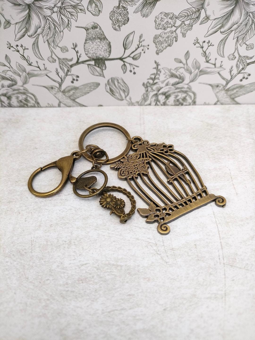 Birdcage Antique Bronze Tibetan Style keyring, Bird themed Key Chains, Gift for Animal Lovers, Bag Accessories and Gfits