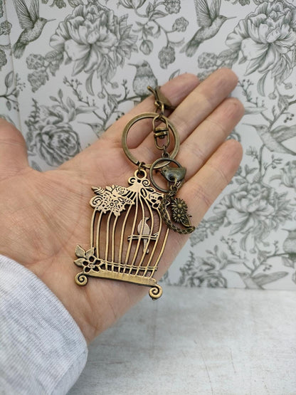 Birdcage Antique Bronze Tibetan Style keyring, Bird themed Key Chains, Gift for Animal Lovers, Bag Accessories and Gfits