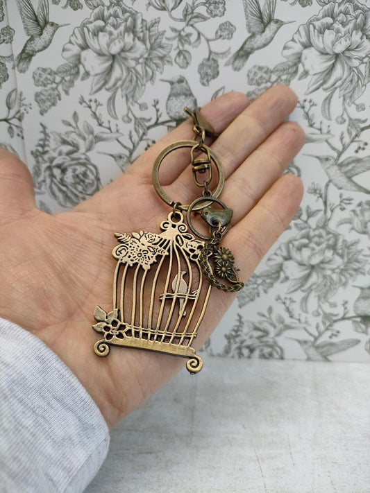 Birdcage Antique Bronze Tibetan Style keyring, Bird themed Key Chains, Gift for Animal Lovers, Bag Accessories and Gfits