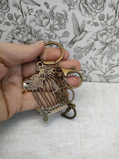 Birdcage Antique Bronze Tibetan Style keyring, Bird themed Key Chains, Gift for Animal Lovers, Bag Accessories and Gfits