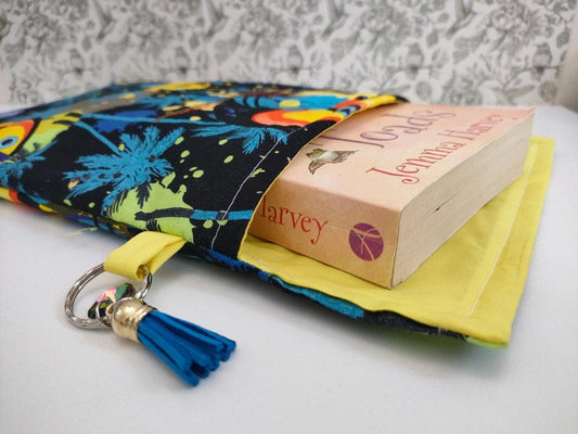 Adjustable Book Sleeve, Handmade Padded Protective Book Cosy, Tucan Themed Animal Print Fabric Tablet Pouch, Holiday Book Essentials