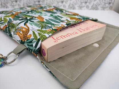 Adjustable Book Sleeve, Handmade Padded Protective Book Cosy, Leopard Themed Animal Print Fabric Tablet Pouch, Holiday Book Essentials