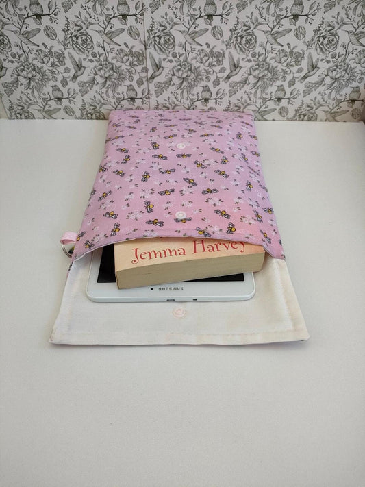 Adjustable Book Sleeve, Handmade Padded Protective Book Cosy, Pink Bee Print Fabric Tablet Pouch, Holiday Book Essentials, Cute Bee Gifts