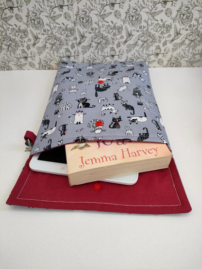 Adjustable Book Sleeve, Handmade Padded Protective Book Cosy, Crazy Cat Themed Animal Print Fabric Tablet Pouch, Holiday Book Essentials