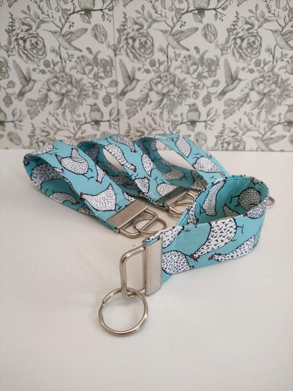 Chicken Themed Key Fob, Duck Egg Blue keyrings, Car key Accesorie, Handy Key Organiser, Chicken Fabric Keyring, Gift for Mum, Small Wristlet