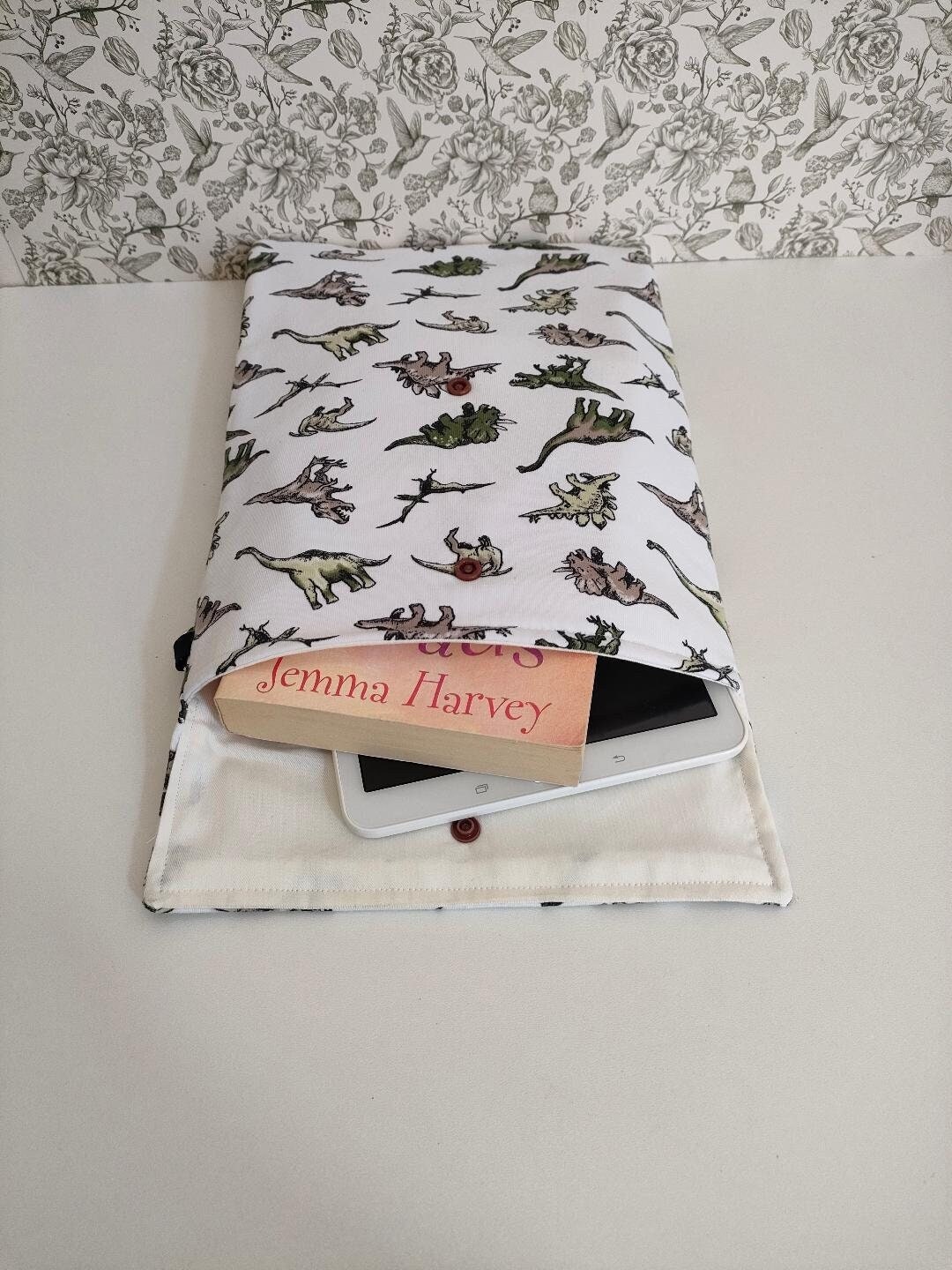 Dinosaur Print Adjustable Book Sleeve, Handmade Padded Protective Book Cosy, Dino Themed Animal Print Tablet Pouch, Holiday Book Essentials
