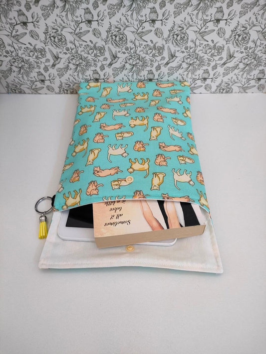 Adjustable Book Sleeve In Cat Print, Handmade Padded Protective Book Cosy, Kitten Themed Animal Print Tablet Pouch, Holiday Book Essentials