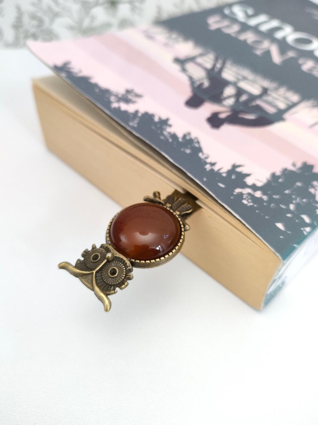 Vintage Owl Antique Bronze Tibetan Style Alloy Bookmarks, Natural Agate Bookmarker, Gift for Book Lovers, Reading Accessories and Gfits