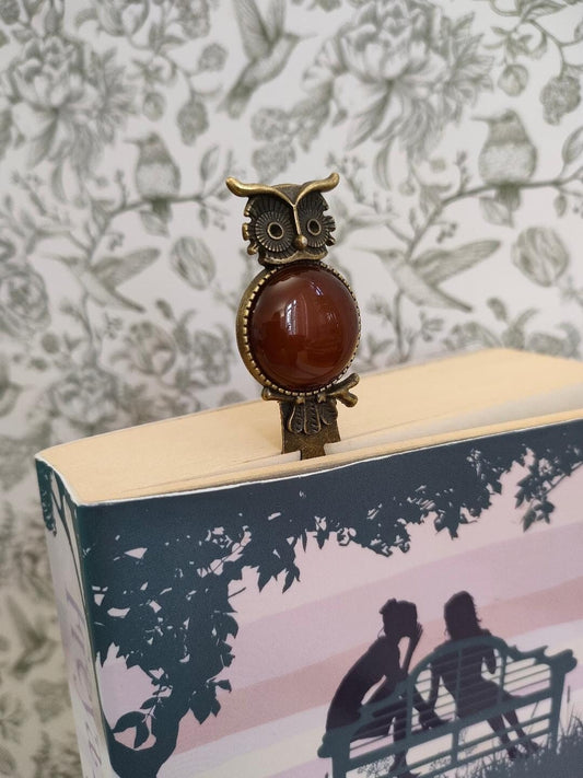 Vintage Owl Antique Bronze Tibetan Style Alloy Bookmarks, Natural Agate Bookmarker, Gift for Book Lovers, Reading Accessories and Gfits