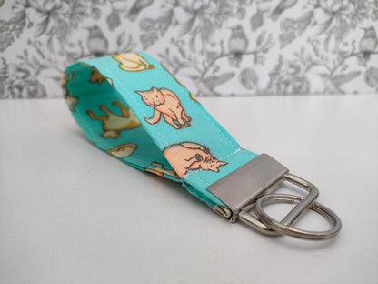 Cat Themed Key Fob, Mint Green Kitten Lanyards, Car key Accesorie, Handy Key Organiser, Chicken Fabric Keyring, Gift for Mum, Small Wristlet