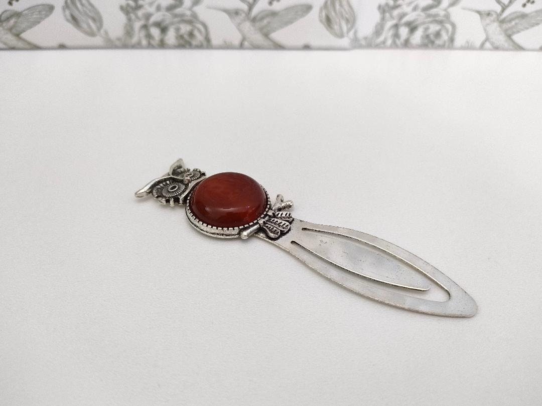 Vintage Owl Antique Silver Tibetan Style Alloy Bookmarks, Natural Agate (Orange) Bookmarker, Gift for Book Lovers, Reading Accessories