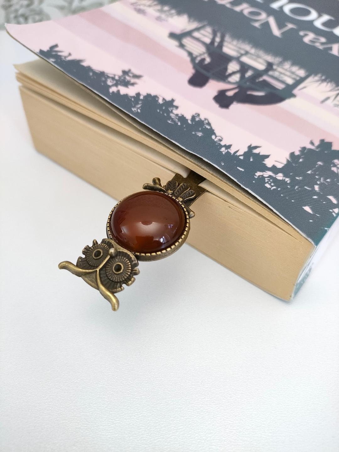 Vintage Owl Antique Bronze Tibetan Style Alloy Bookmarks, Natural Agate Bookmarker, Gift for Book Lovers, Reading Accessories and Gfits