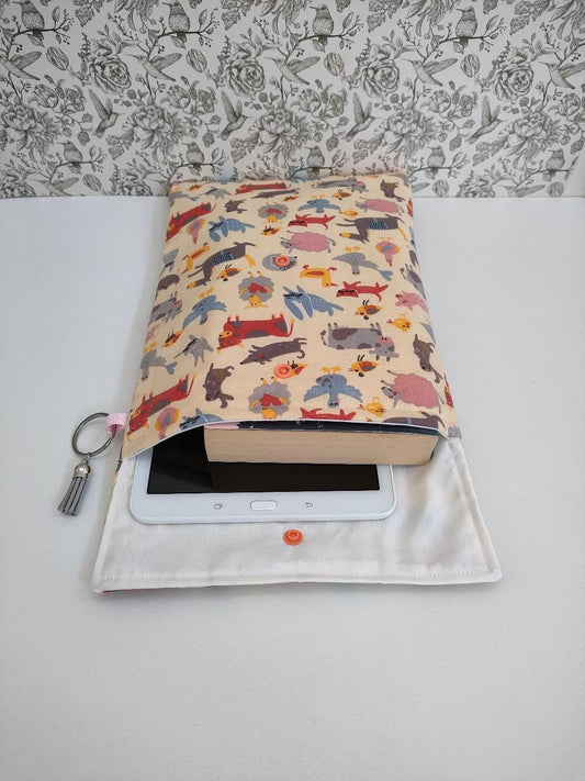 Adjustable Book Sleeve In Farm Yard Animal Print, Handmade Padded Protective Book Cosy,  Fabric Tablet Pouch, Holiday Book Essentials