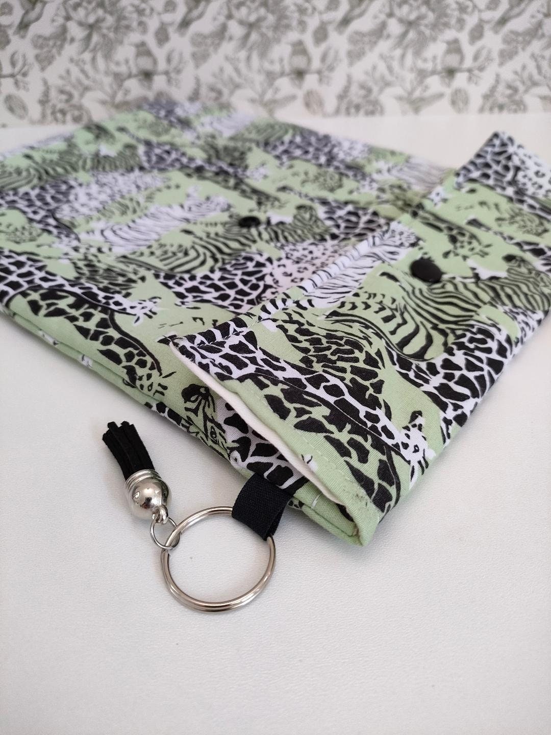 Adjustable Book Sleeve In Safari Print,Handmade Padded Protective Book Cosy, Safari Themed Animal Print Tablet Pouch, Holiday BookEssentials