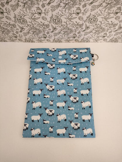 Sheep Print Adjustable Book Sleeve, Handmade Padded Protective Book Cosy, Farmyard Themed Animal Print Tablet Pouch, Holiday Book Essentials
