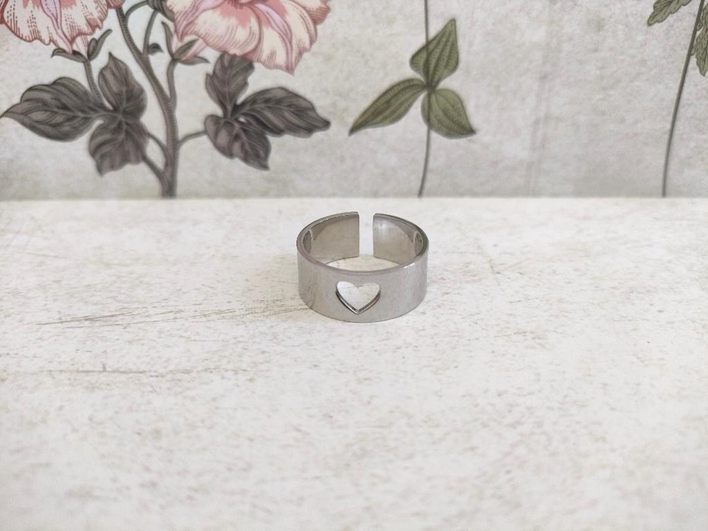 Chunky Hollow Heart Adjustable Ring, 304 Stainless Steel Jewellery, Hypoallergenic rings for women
