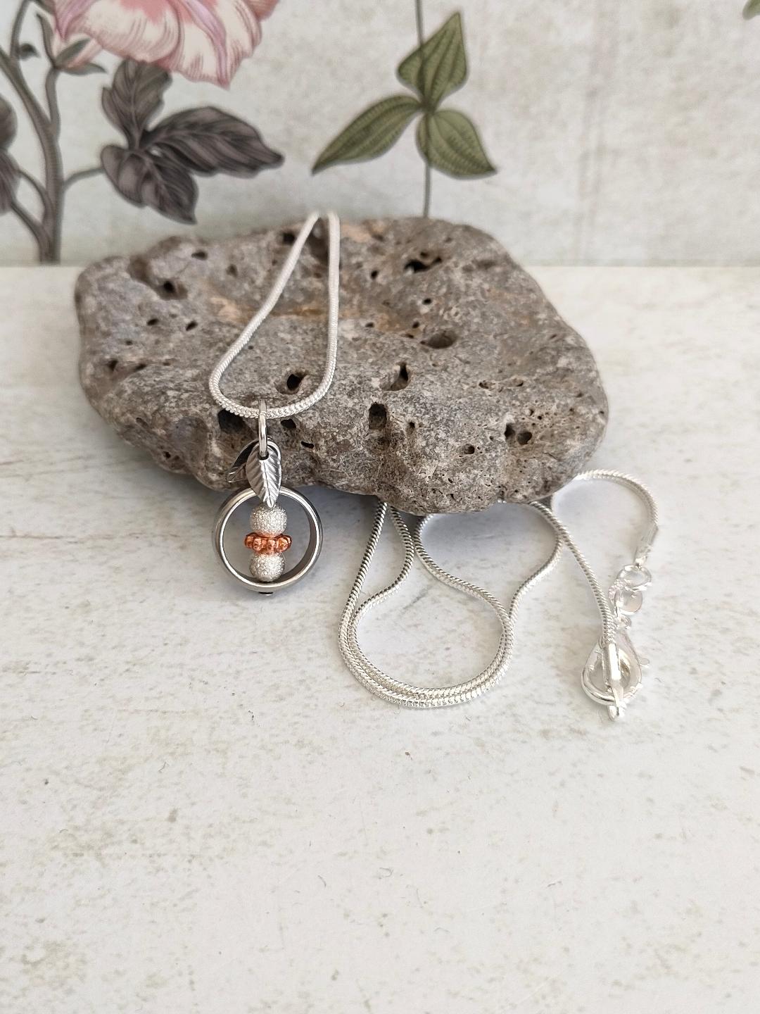 Fidget Necklaces, Silver Textured Ball and Rose Gold Bead. Fidget Jewellery with Stainless Steel Leaf's, Worry Jewellery.