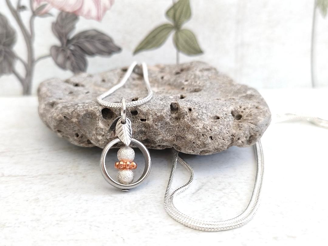 Fidget Necklaces, Silver Textured Ball and Rose Gold Bead. Fidget Jewellery with Stainless Steel Leaf's, Worry Jewellery.