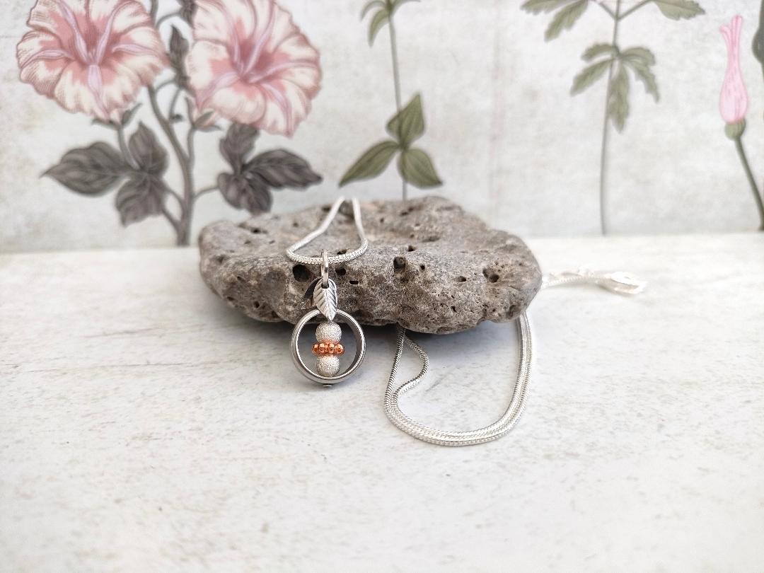 Fidget Necklaces, Silver Textured Ball and Rose Gold Bead. Fidget Jewellery with Stainless Steel Leaf's, Worry Jewellery.