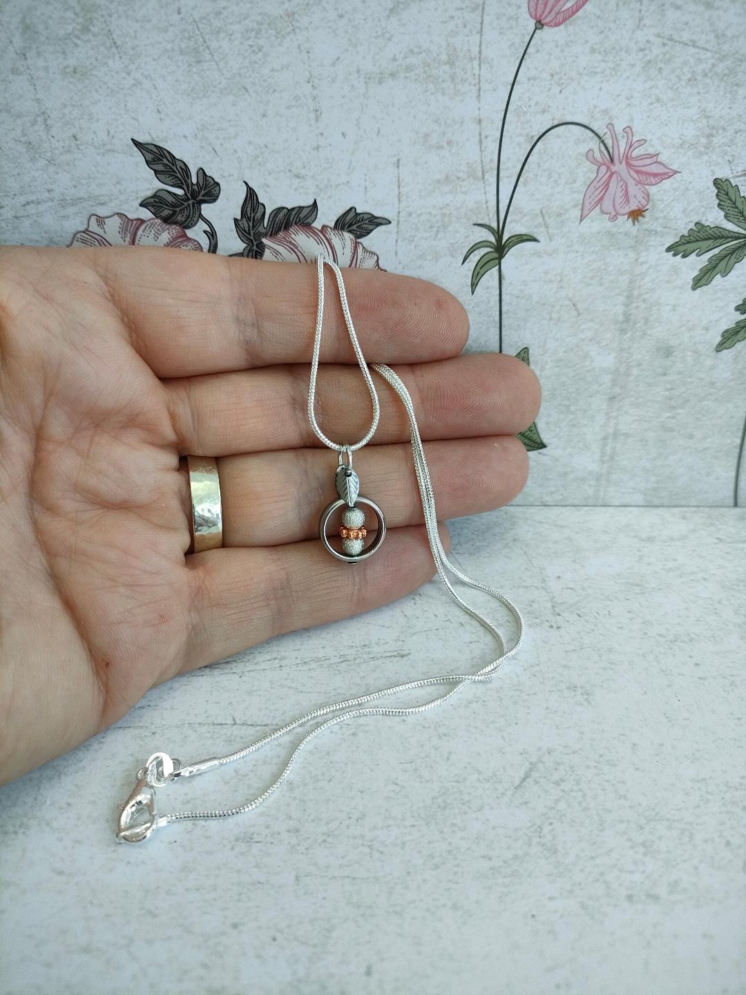 Fidget Necklaces, Silver Textured Ball and Rose Gold Bead. Fidget Jewellery with Stainless Steel Leaf's, Worry Jewellery.