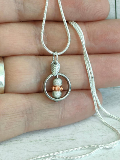 Fidget Necklaces, Silver Textured Ball and Rose Gold Bead. Fidget Jewellery with Stainless Steel Leaf's, Worry Jewellery.