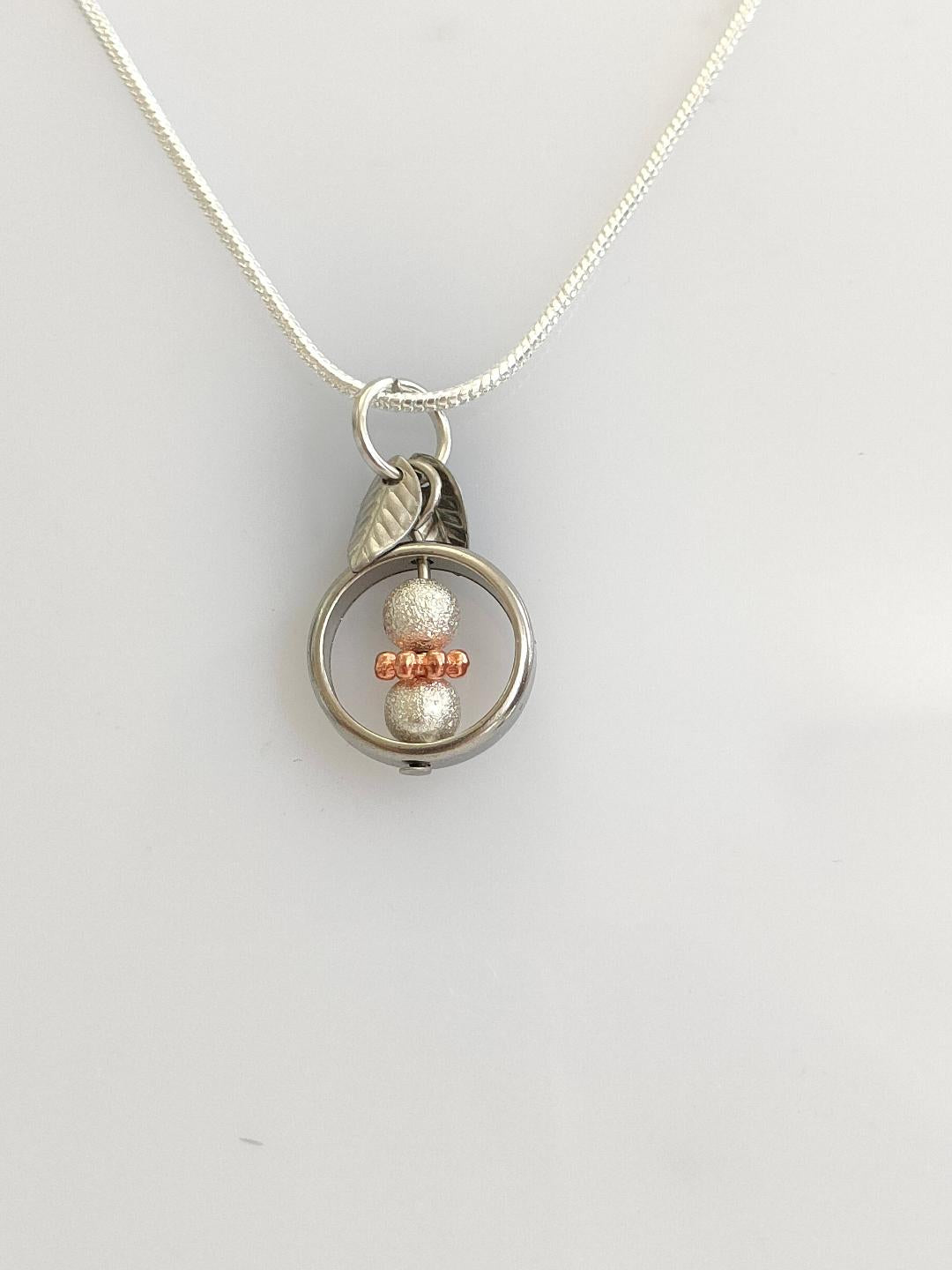 Fidget Necklaces, Silver Textured Ball and Rose Gold Bead. Fidget Jewellery with Stainless Steel Leaf's, Worry Jewellery.