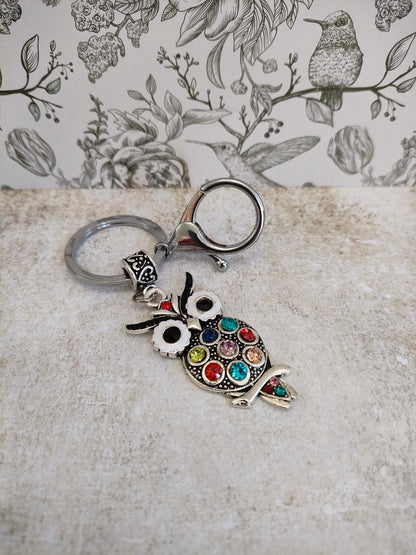 Wise Olw Keychains, Tibetan Style Owl with Rhinestones, Bird Themed Bag accessories and Keyrings