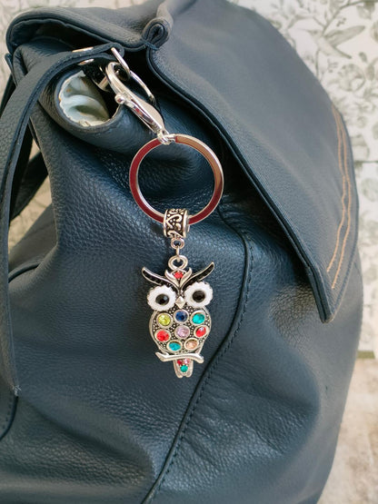 Wise Olw Keychains, Tibetan Style Owl with Rhinestones, Bird Themed Bag accessories and Keyrings