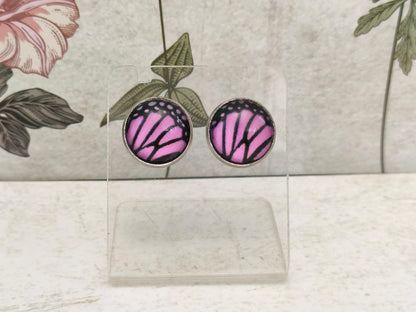 12mm Butterfly Wing Print Studs, Insect Earrings for Her, Purple and Black Butterfly Earrings, Gift for Mum, Hypoallergenic Studs.