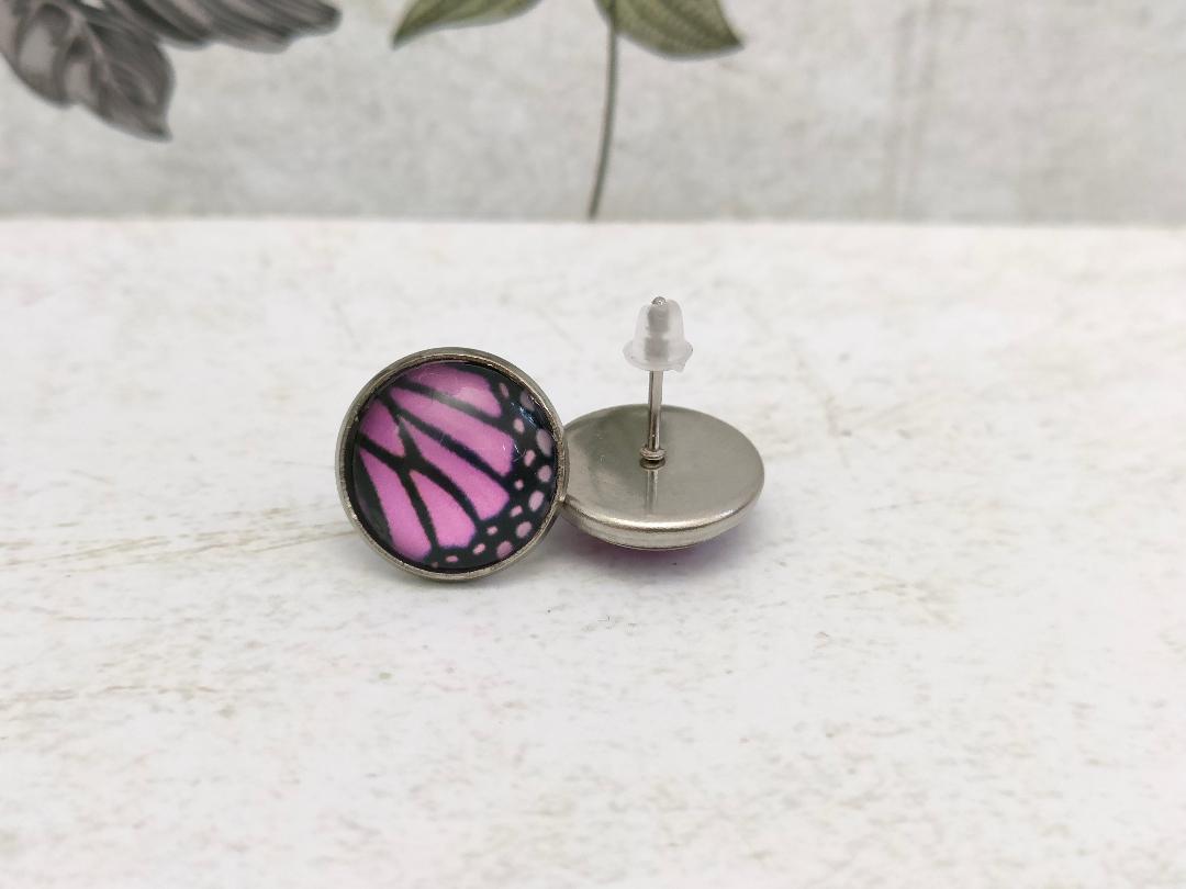12mm Butterfly Wing Print Studs, Insect Earrings for Her, Purple and Black Butterfly Earrings, Gift for Mum, Hypoallergenic Studs.