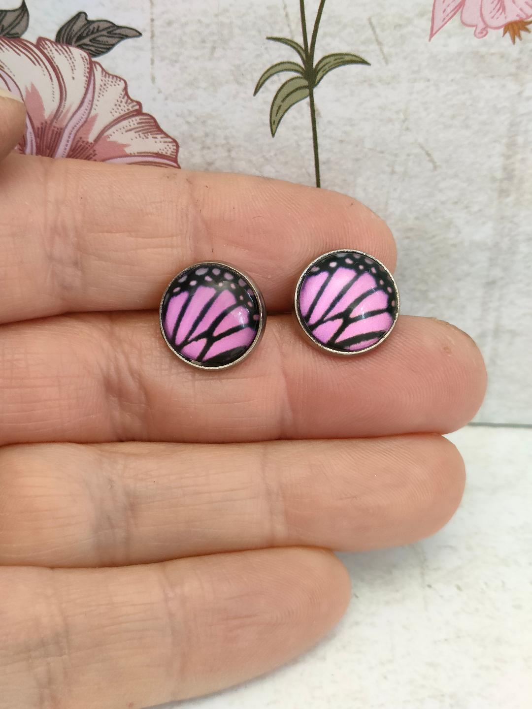 12mm Butterfly Wing Print Studs, Insect Earrings for Her, Purple and Black Butterfly Earrings, Gift for Mum, Hypoallergenic Studs.