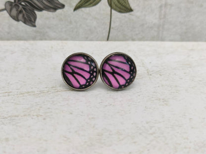 12mm Butterfly Wing Print Studs, Insect Earrings for Her, Purple and Black Butterfly Earrings, Gift for Mum, Hypoallergenic Studs.