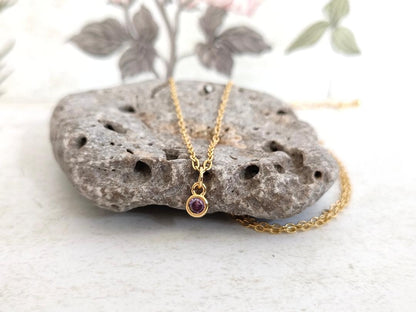 Amethyst CZ Necklace, Tiny Round CZ Pendant Necklace, Dainty Gold Chain Layered Necklace, Green Gemstone Necklace,
