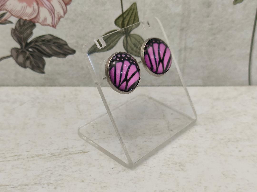 12mm Butterfly Wing Print Studs, Insect Earrings for Her, Purple and Black Butterfly Earrings, Gift for Mum, Hypoallergenic Studs.