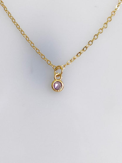 Amethyst CZ Necklace, Tiny Round CZ Pendant Necklace, Dainty Gold Chain Layered Necklace, Green Gemstone Necklace,