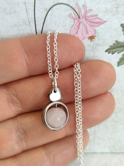 Fidget Necklaces, Rose Quartz Beed Fidget Jewellery with Stainless Steel Hearts, Worry Jewellery.