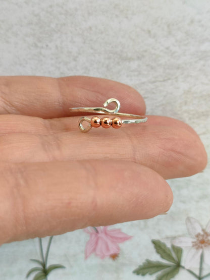 925 Sterling Silver Thumb Fidget ring with 3x Rose Gold plated beads. Silver 925 Anxiety Ring.(1mm thick)